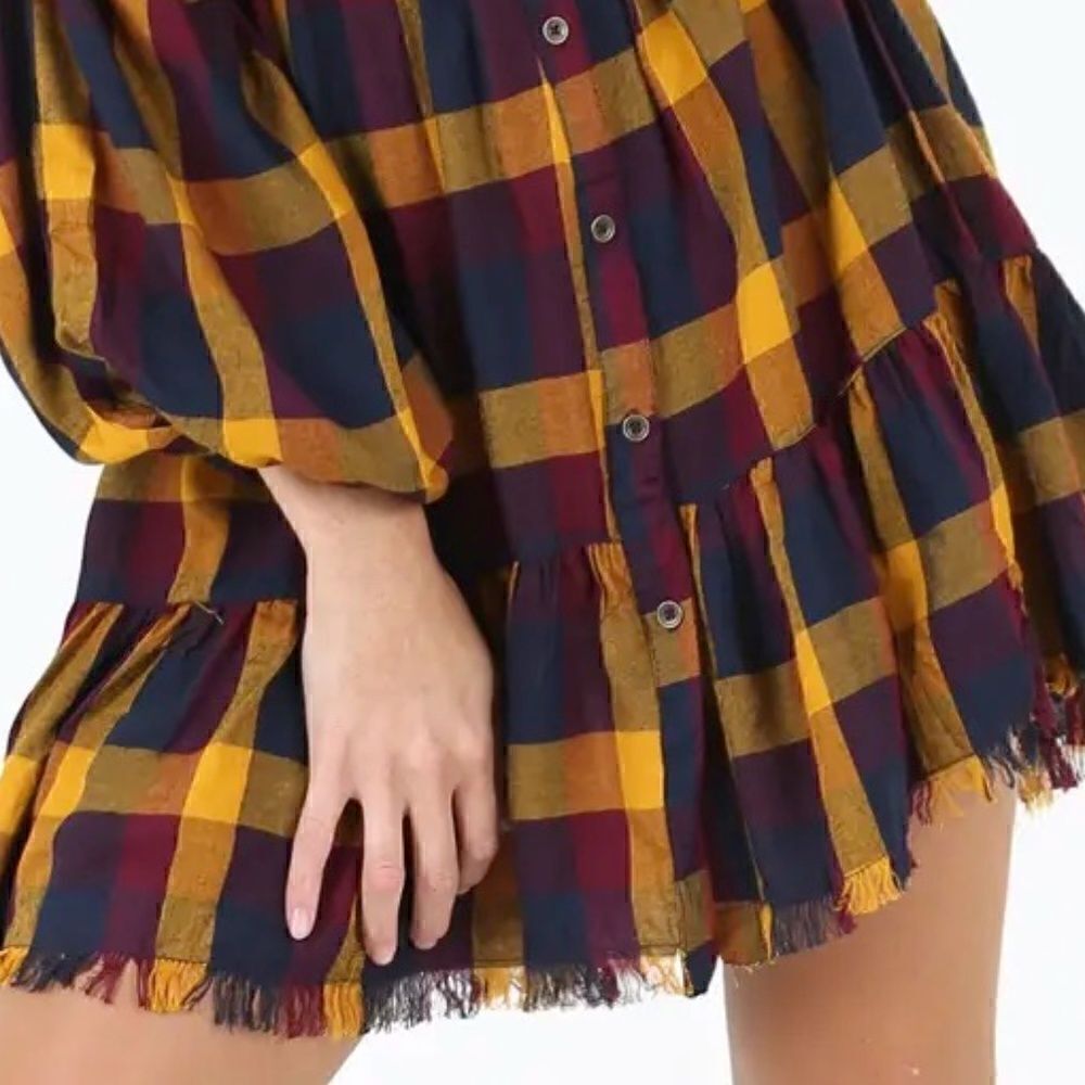 NEW! Boho Multi Colored Plaid Fringe Bottom Button Front Mini Dress Long Sleeve - Picture 5 of 5